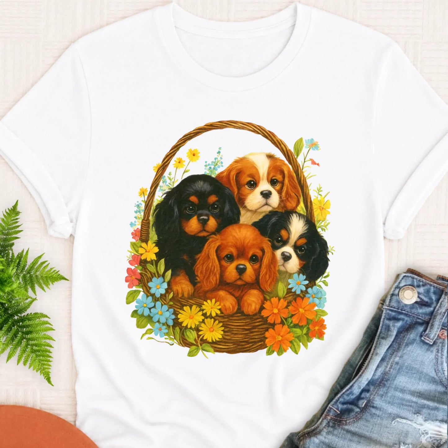 T-Shirt White / S Cavalier Spring Puppy Basket Unisex TShirt