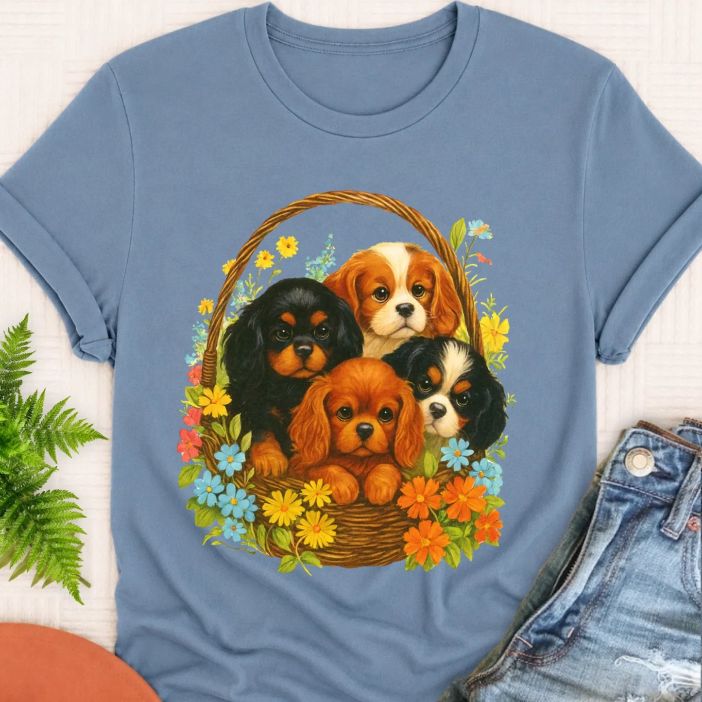T-Shirt Blue Jean / S Cavalier Spring Puppy Basket Unisex TShirt