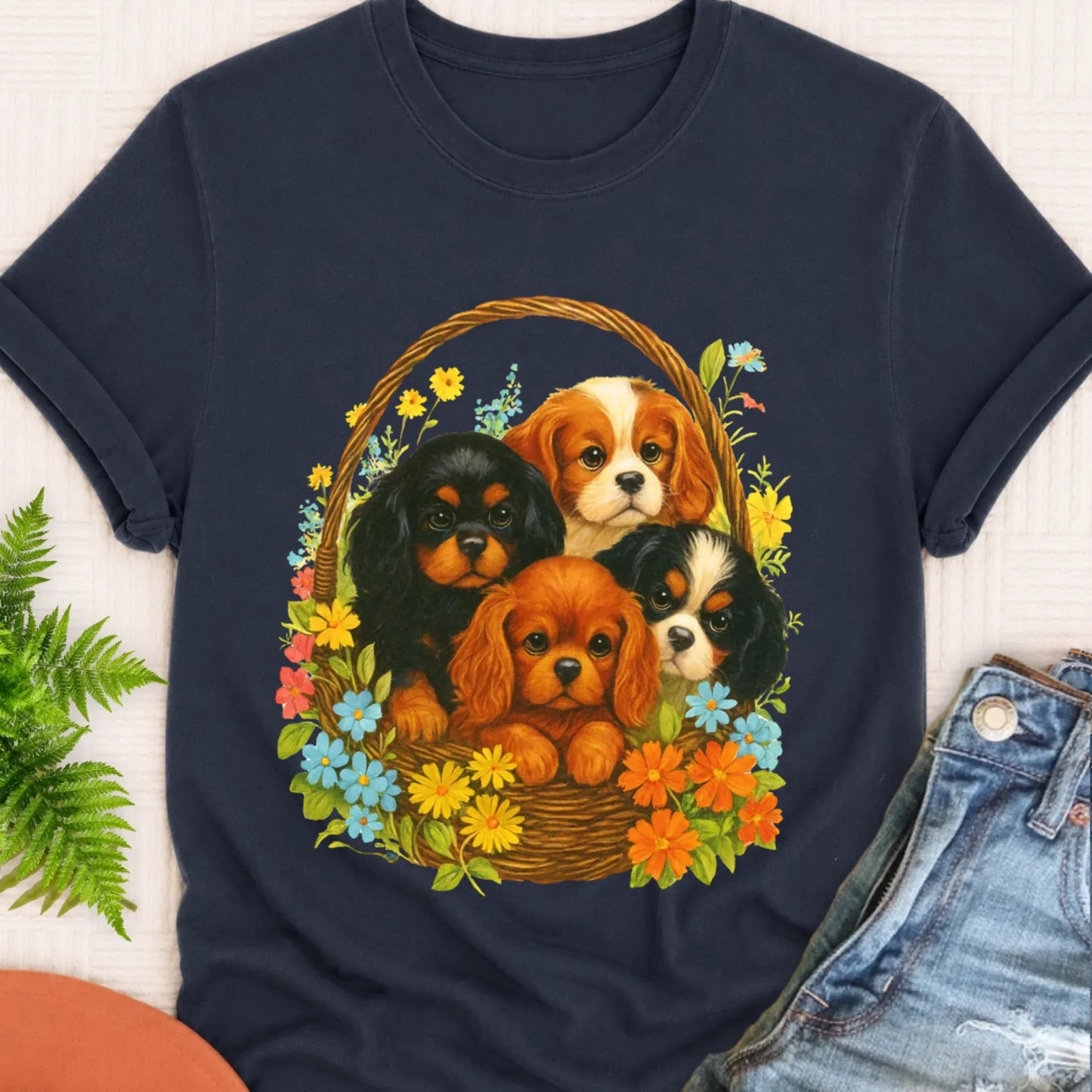 T-Shirt Navy / S Cavalier Spring Puppy Basket Unisex TShirt