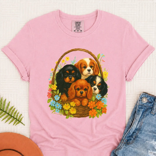Cavalier Spring Puppy Basket Unisex TShirt Blossom