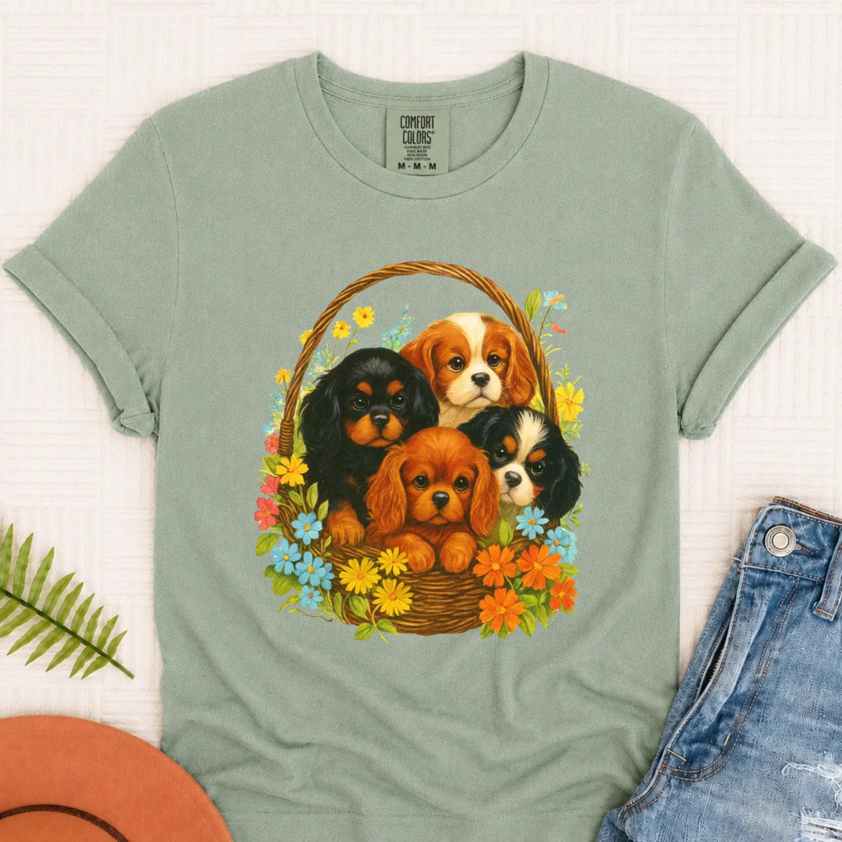 Cavalier Spring Puppy Basket Unisex TShirt Bay