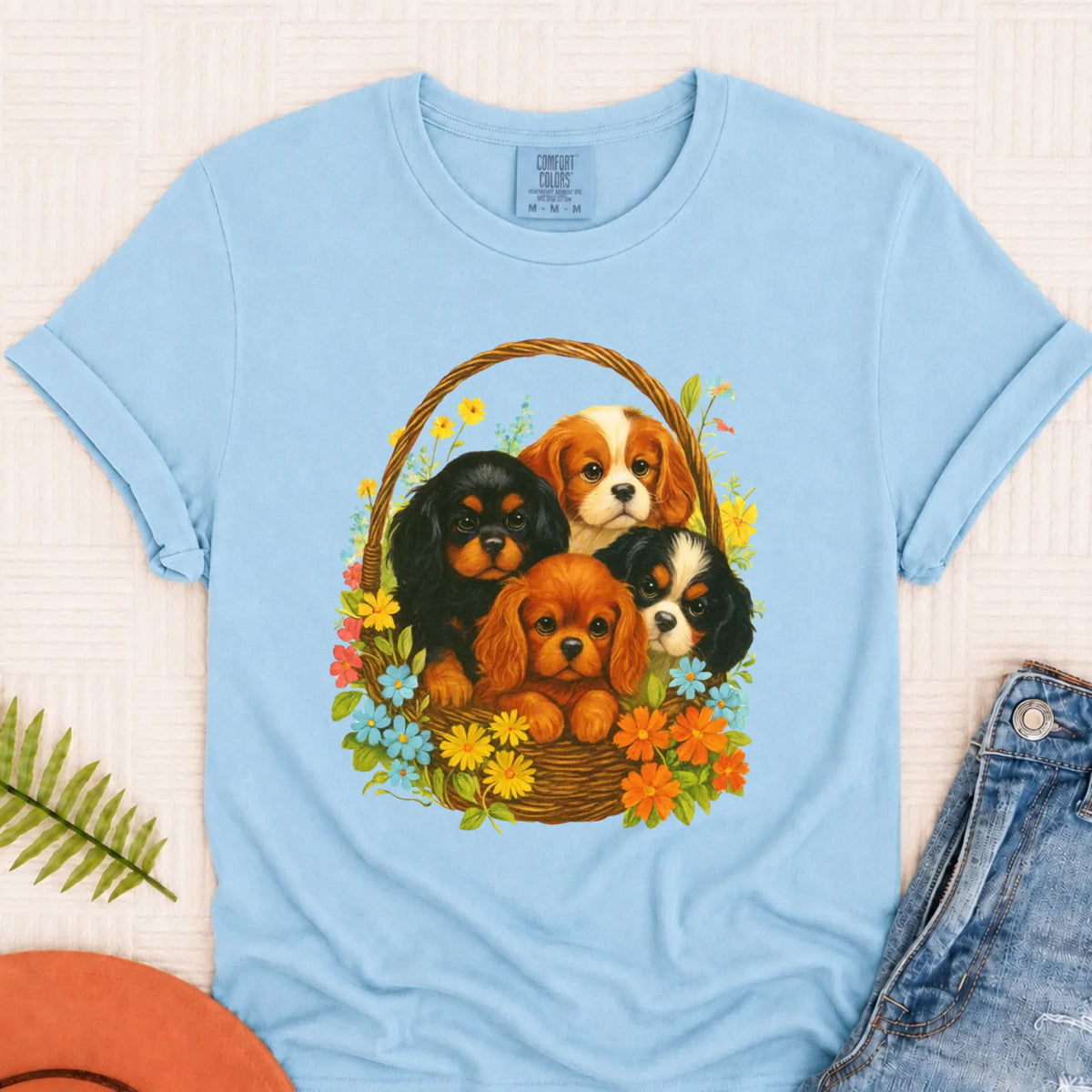 Cavalier Spring Puppy Basket Unisex TShirt Chambray