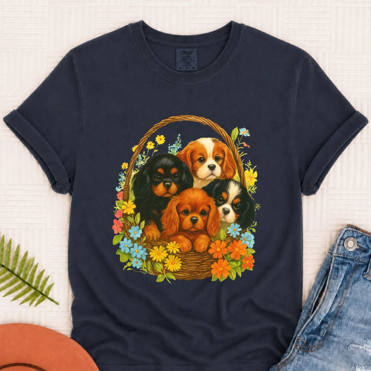 Cavalier Spring Puppy Basket Unisex TShirt Pepper 3XL