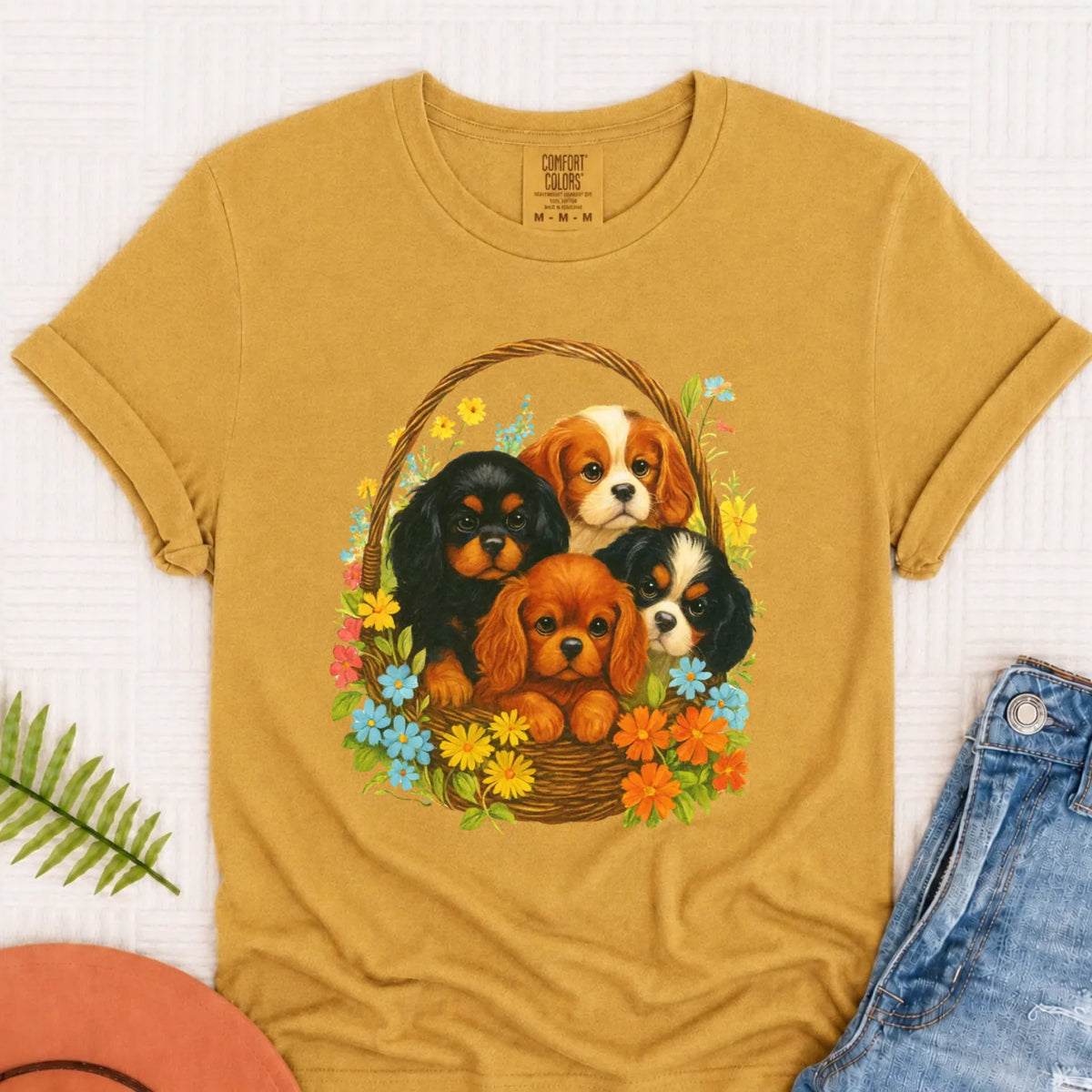 Cavalier Spring Puppy Basket Unisex TShirt Mustard