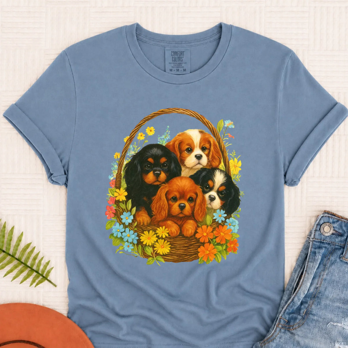 Cavalier Spring Puppy Basket Unisex TShirt Blue Jean