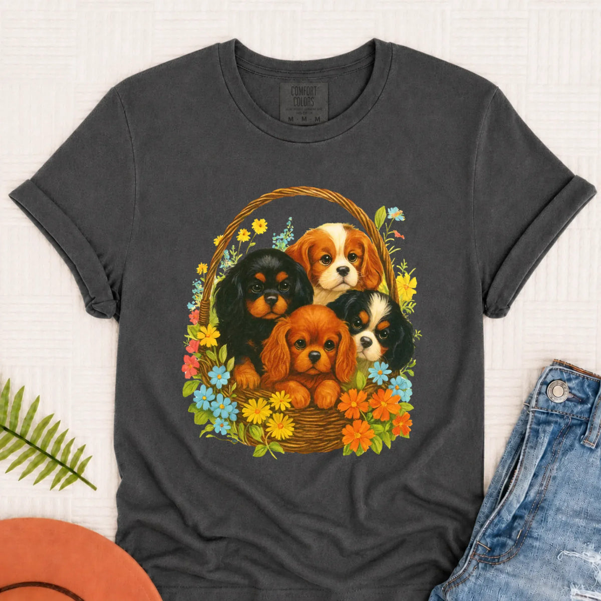 Cavalier Spring Puppy Basket Unisex TShirt Pepper