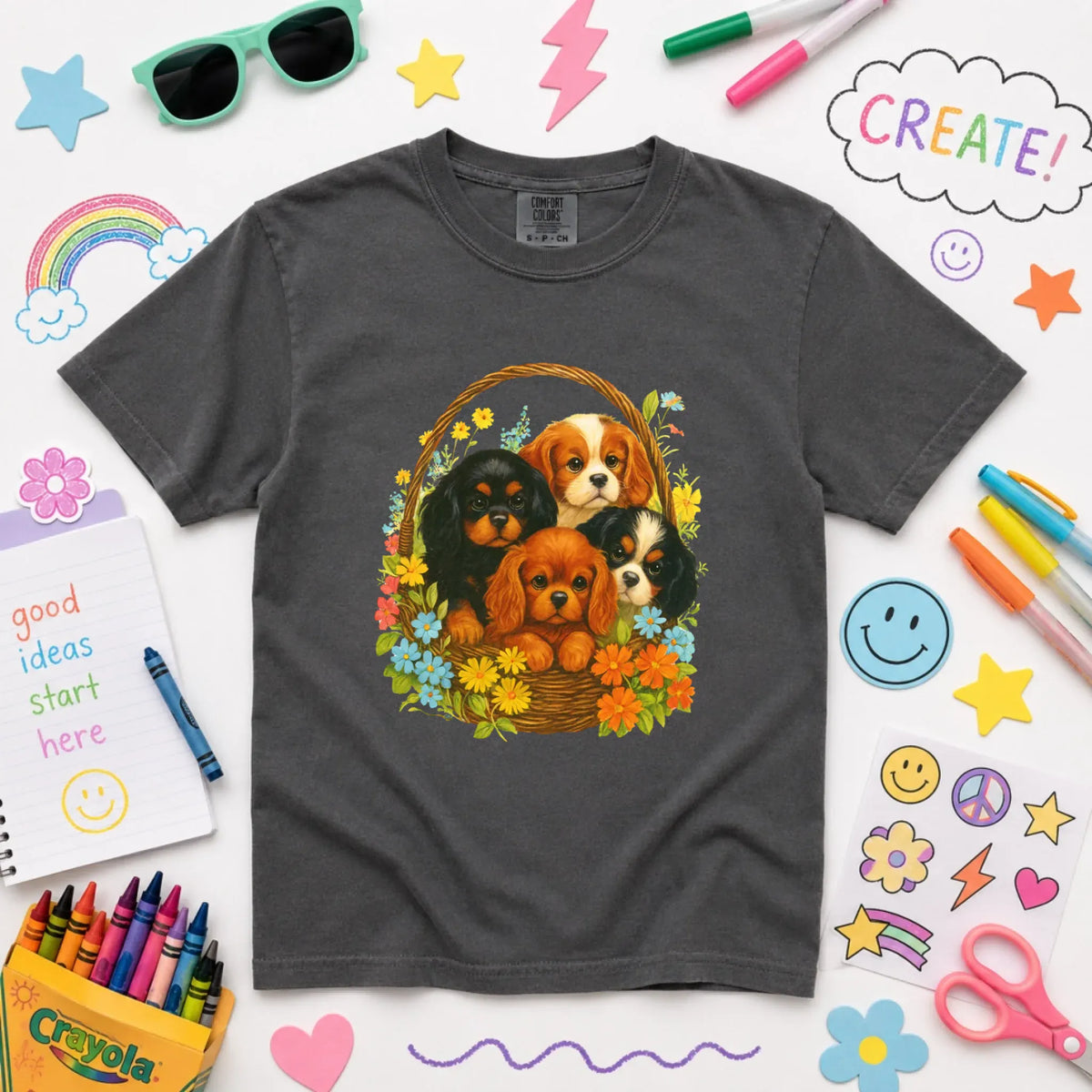 Cavalier Spring Puppy Basket YOUTH Unisex TShirt NEW Youth Midweight Tee Pepper