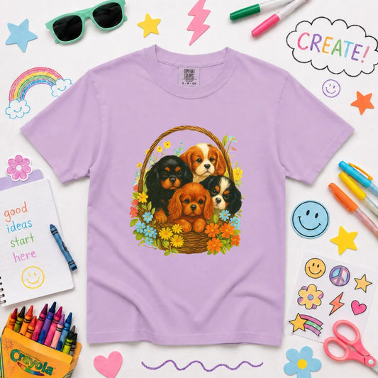 Cavalier Spring Puppy Basket YOUTH Unisex TShirt NEW Youth Midweight Tee Orchid