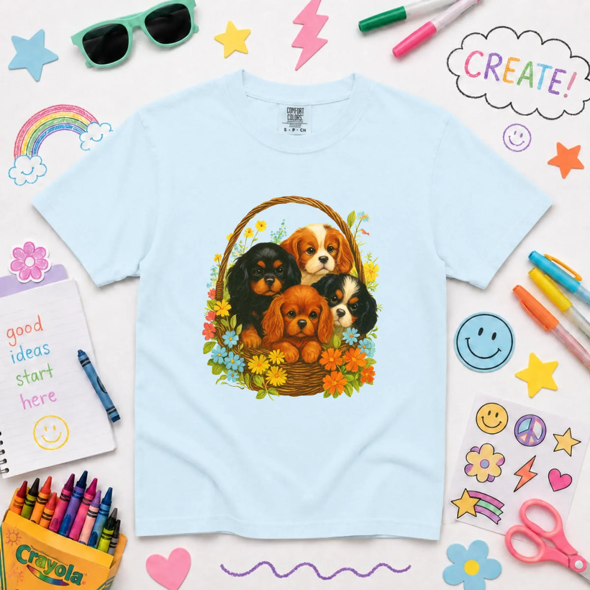 Cavalier Spring Puppy Basket YOUTH Unisex TShirt NEW Youth Midweight Tee Chambray