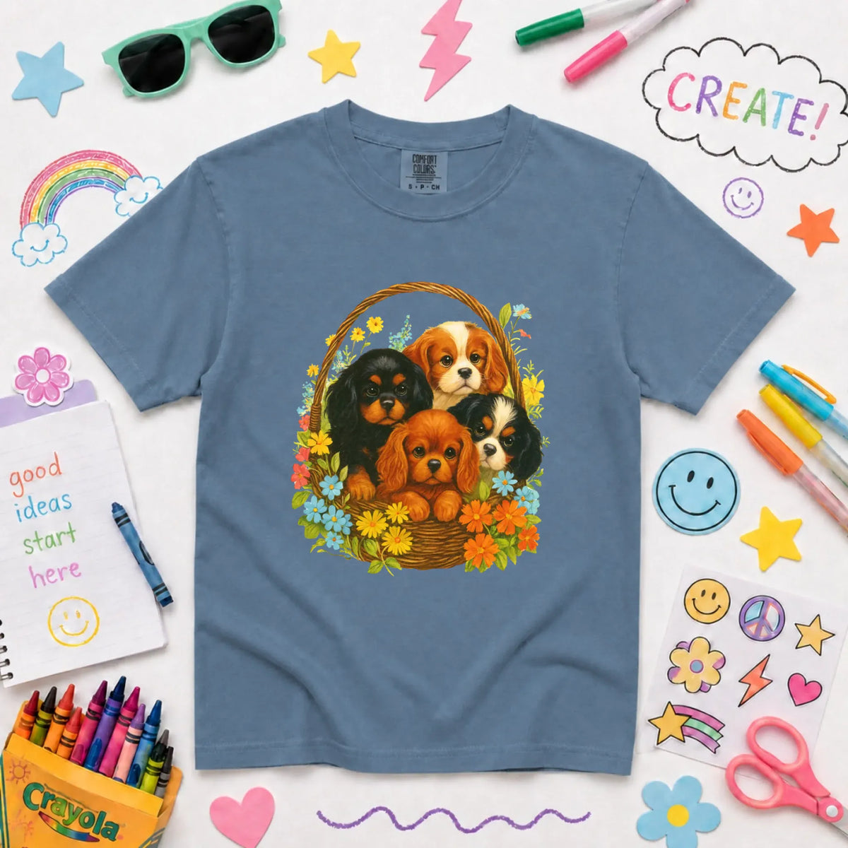 Cavalier Spring Puppy Basket YOUTH Unisex TShirt NEW Youth Midweight Tee Blue Jean