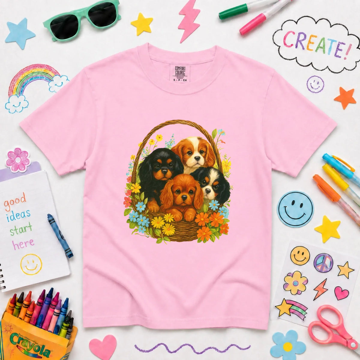 Cavalier Spring Puppy Basket YOUTH Unisex TShirt NEW Youth Midweight Tee Blossom