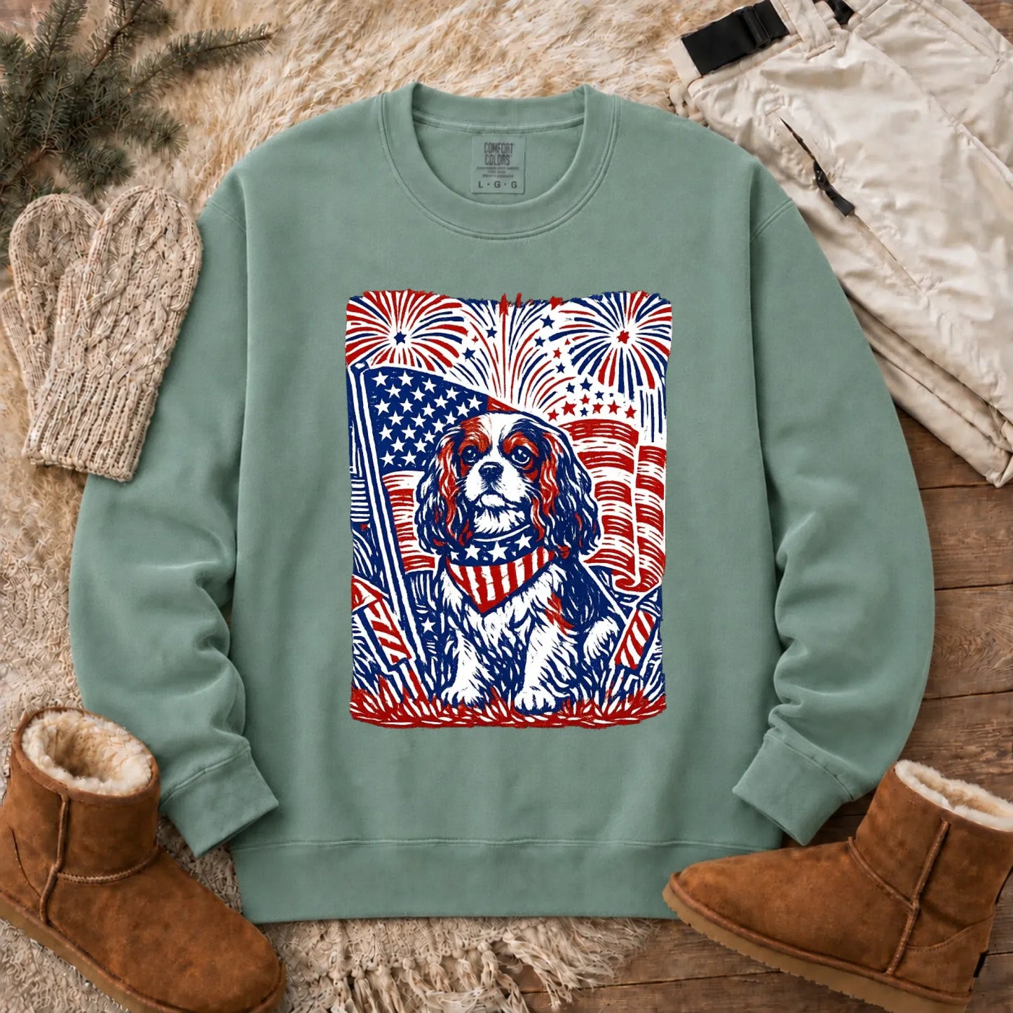 Cavalier Woodcut 4th of July USA Unisex Sweatshirt Light Green