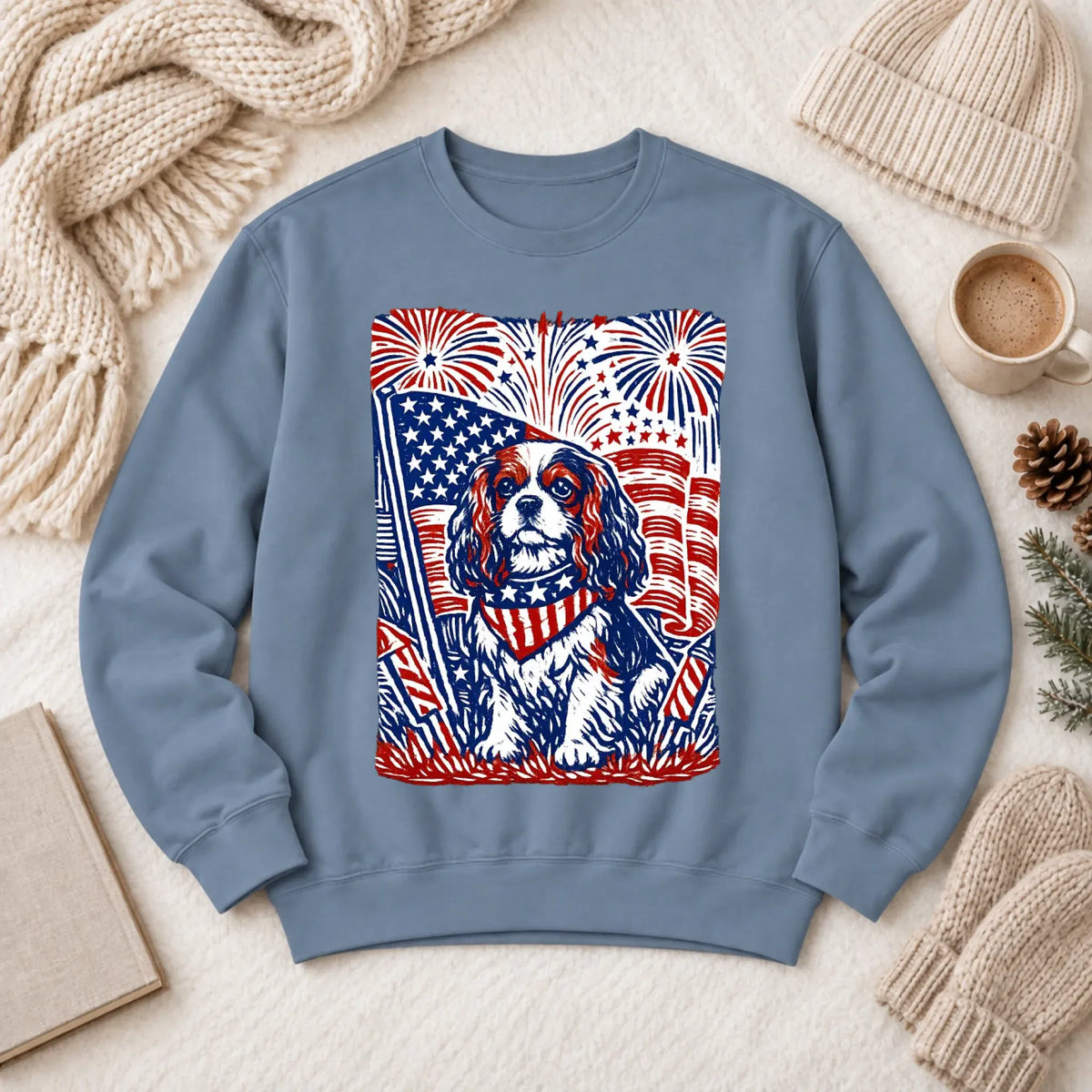 Cavalier Woodcut 4th of July USA Unisex Sweatshirt Blue Jean