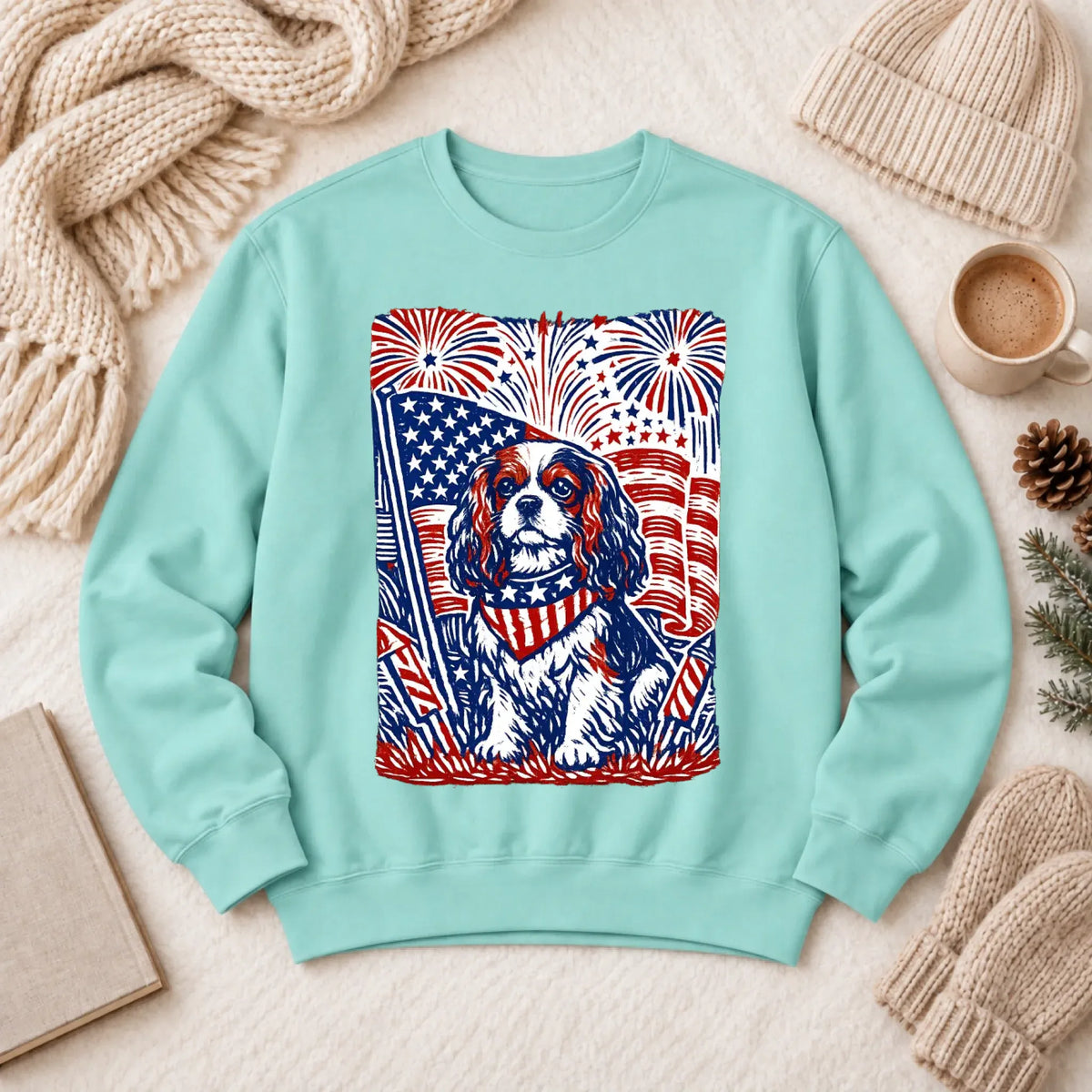 Cavalier Woodcut 4th of July USA Unisex Sweatshirt Chalky Mint