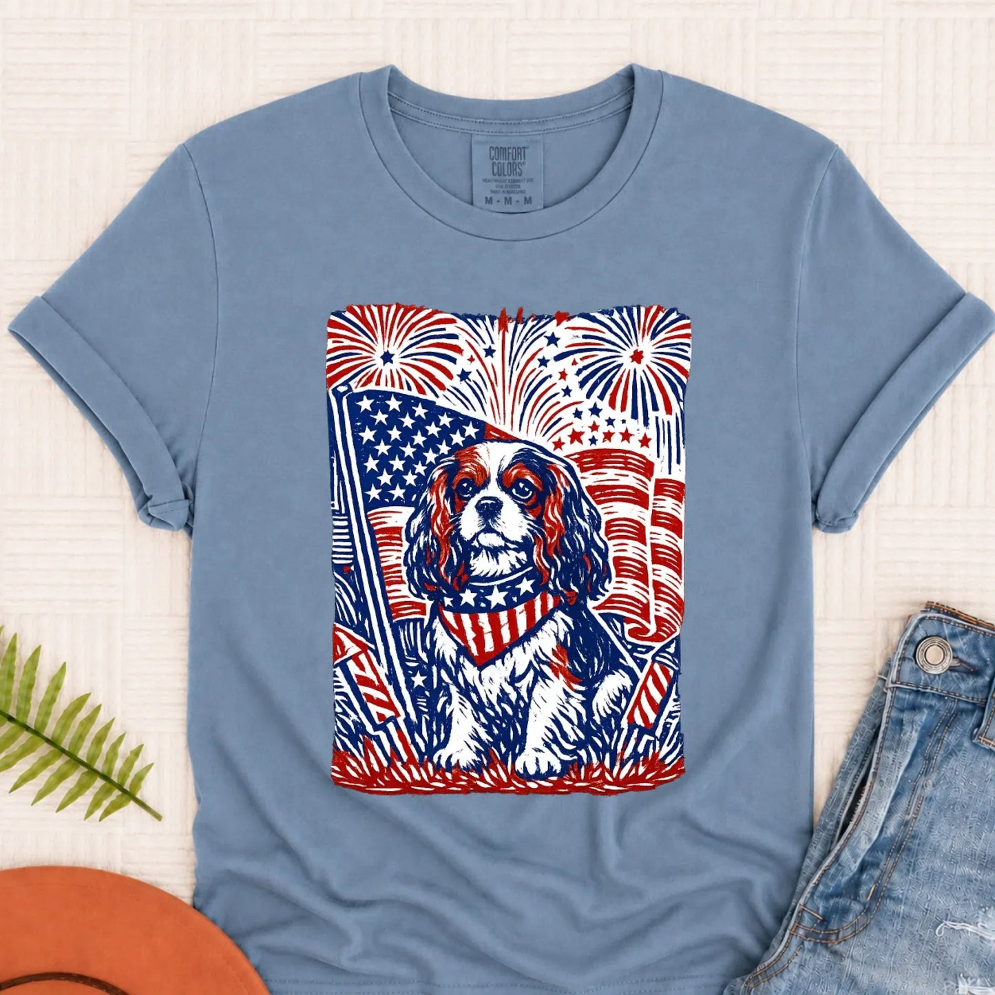 Cavalier Woodcut 4th of July USA Unisex TShirt Blue Jean