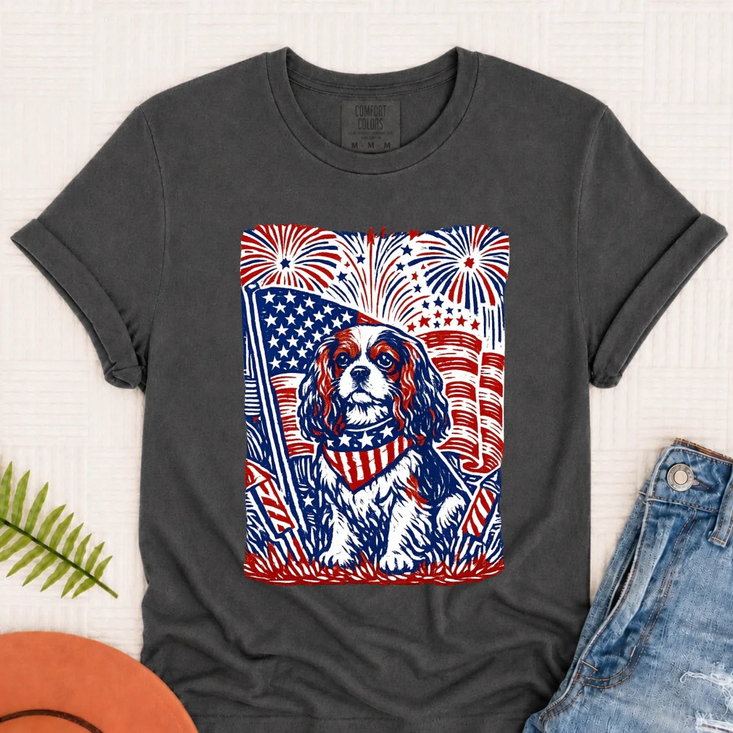 Cavalier Woodcut 4th of July USA Unisex TShirt Pepper