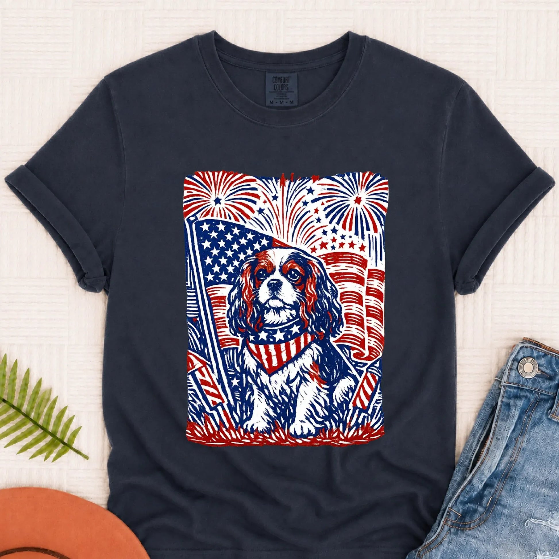 Cavalier Woodcut 4th of July USA Unisex TShirt Navy