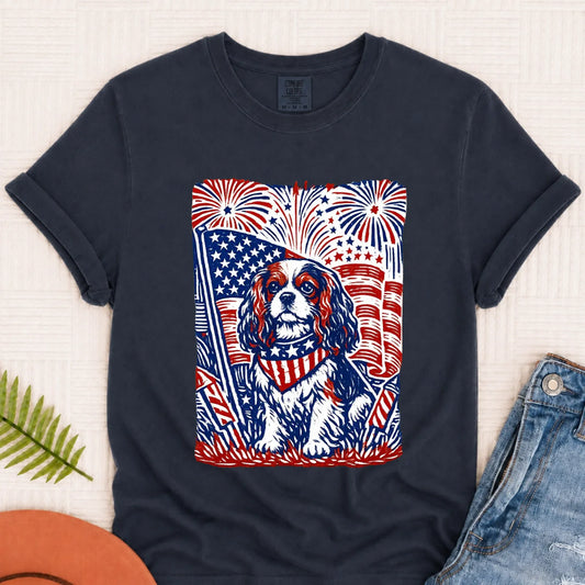 Cavalier Woodcut 4th of July USA Unisex TShirt Navy