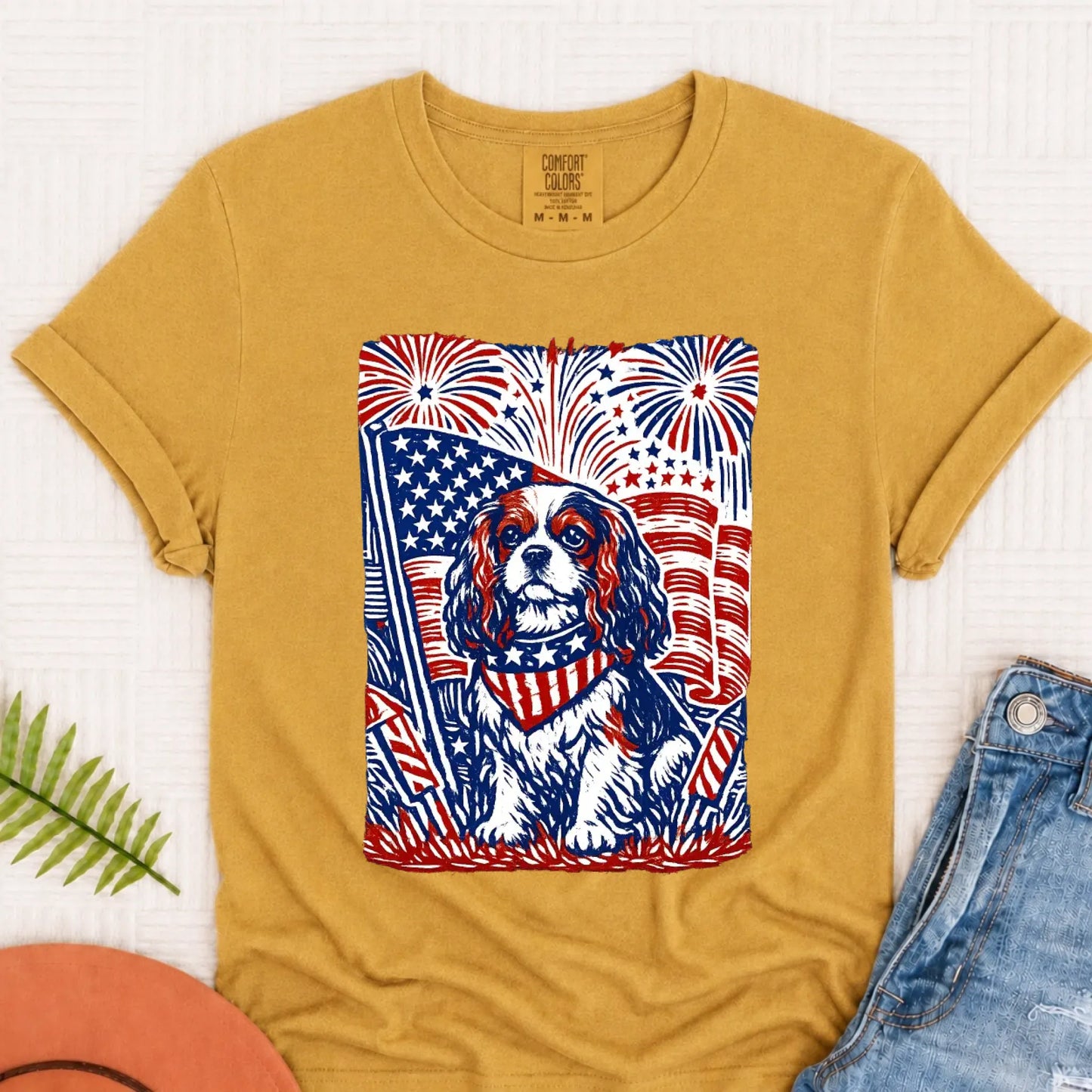 Cavalier Woodcut 4th of July USA Unisex TShirt Mustard