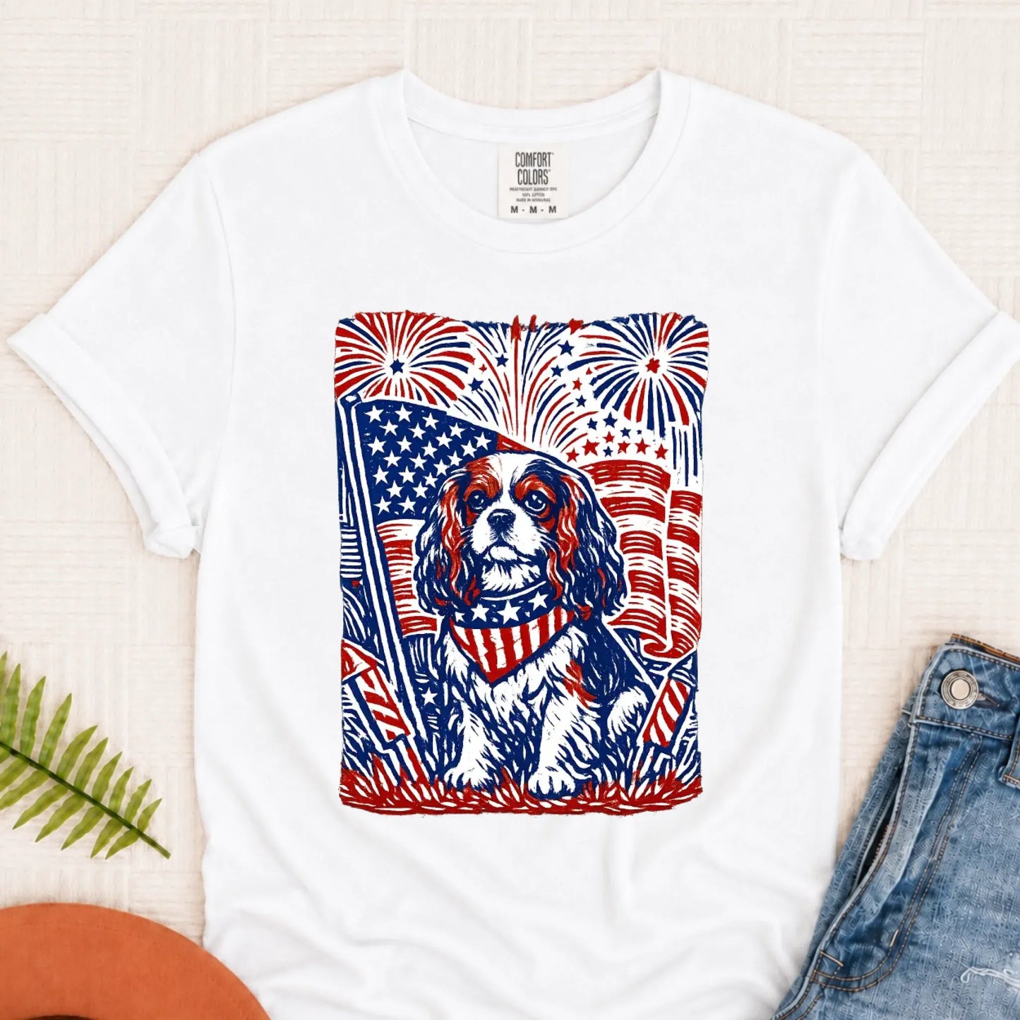 Cavalier Woodcut 4th of July USA Unisex TShirt White