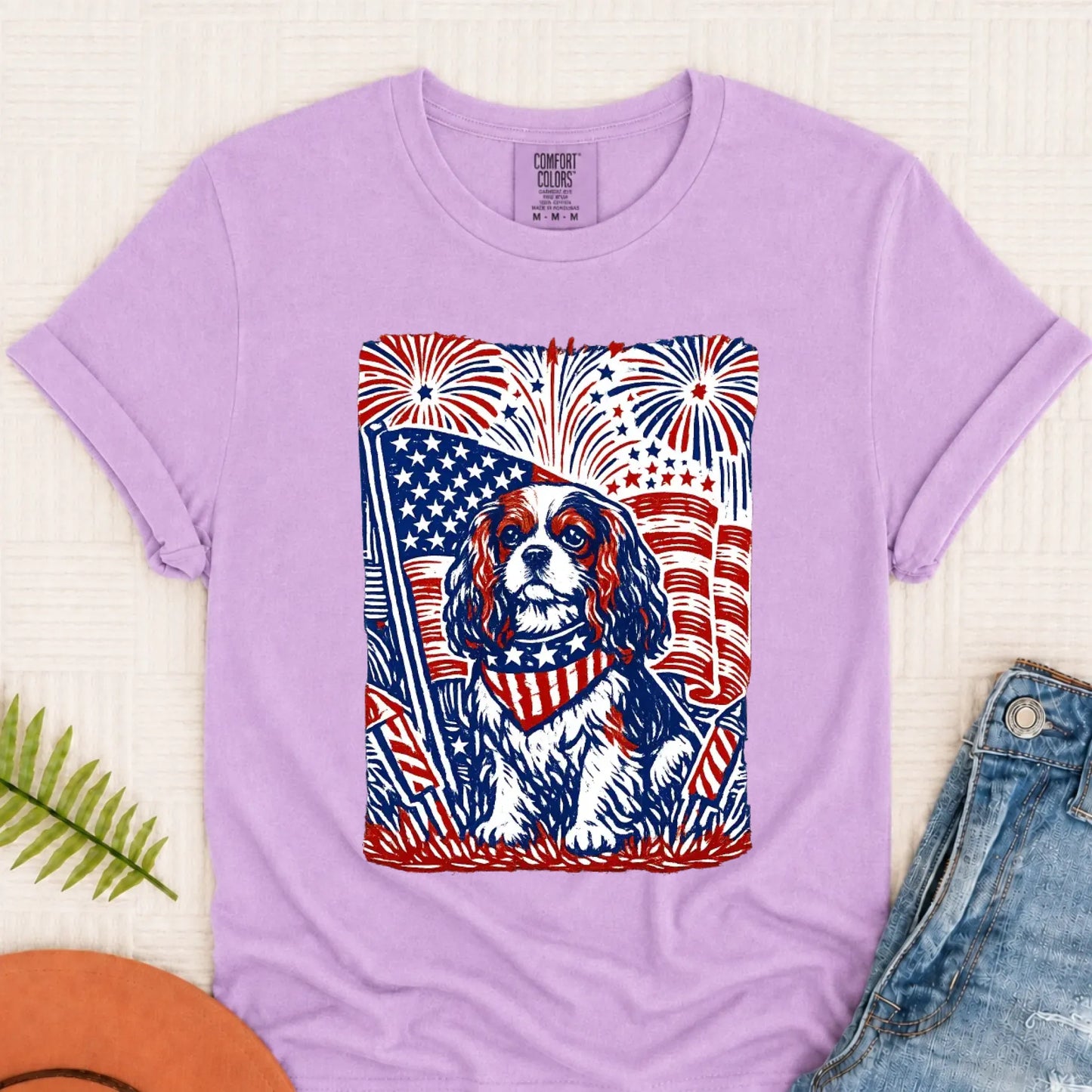 Cavalier Woodcut 4th of July USA Unisex TShirt Orchid