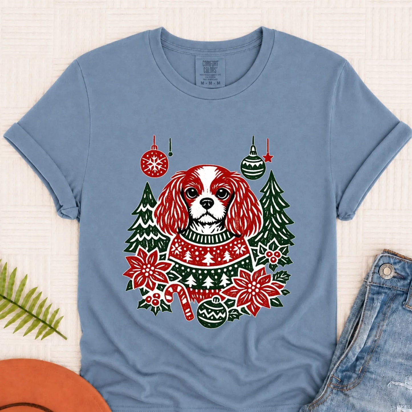 T-Shirt Blue Jean / S Cavalier Woodcut Christmas Unisex Tshirt