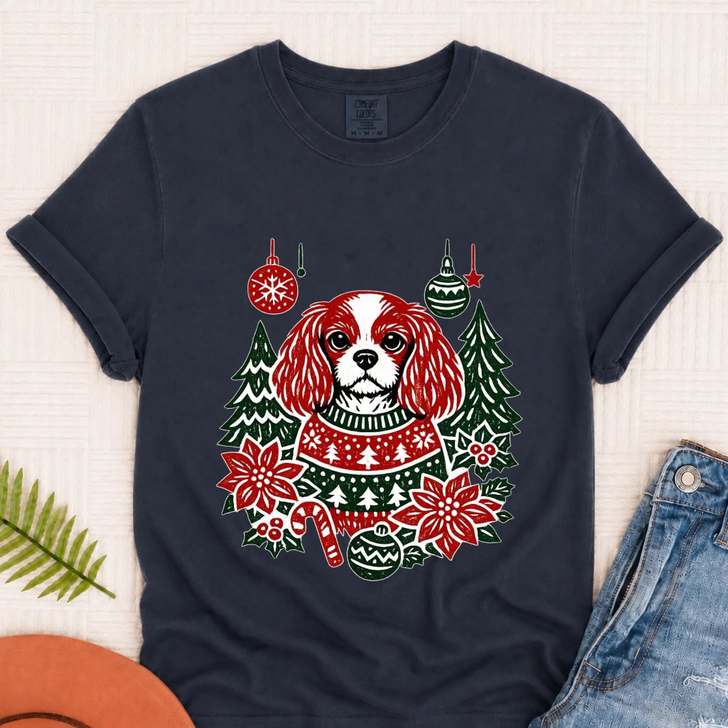 T-Shirt Navy / S Cavalier Woodcut Christmas Unisex Tshirt