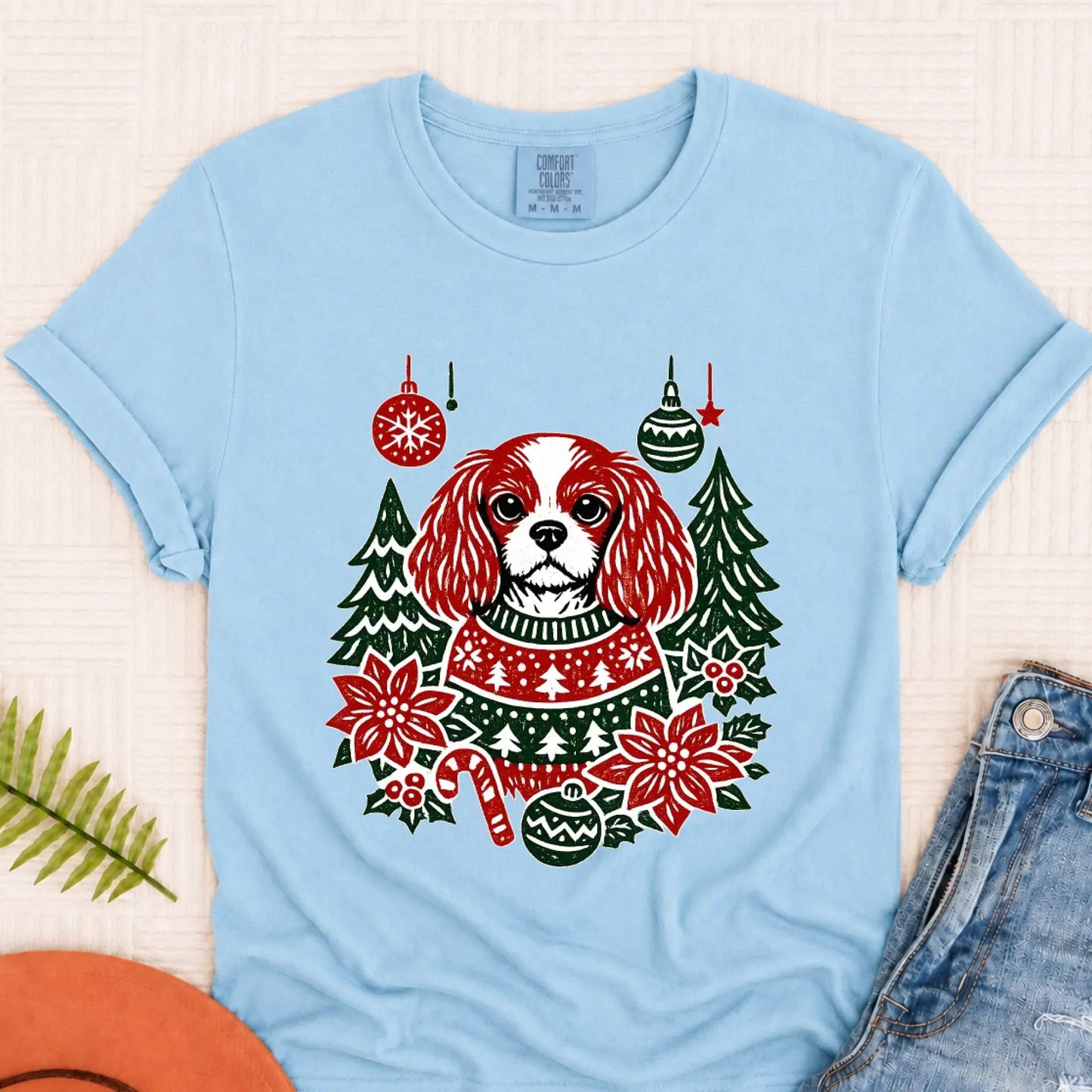T-Shirt Chambray / S Cavalier Woodcut Christmas Unisex Tshirt