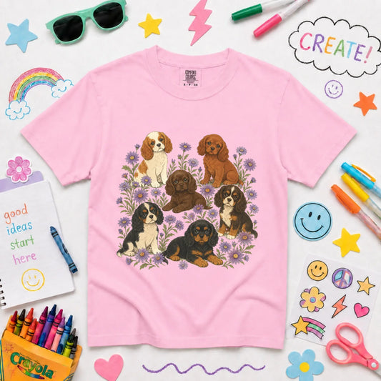 Cavalier YOUTH Puppies Butterflies Unisex TShirt Blossom