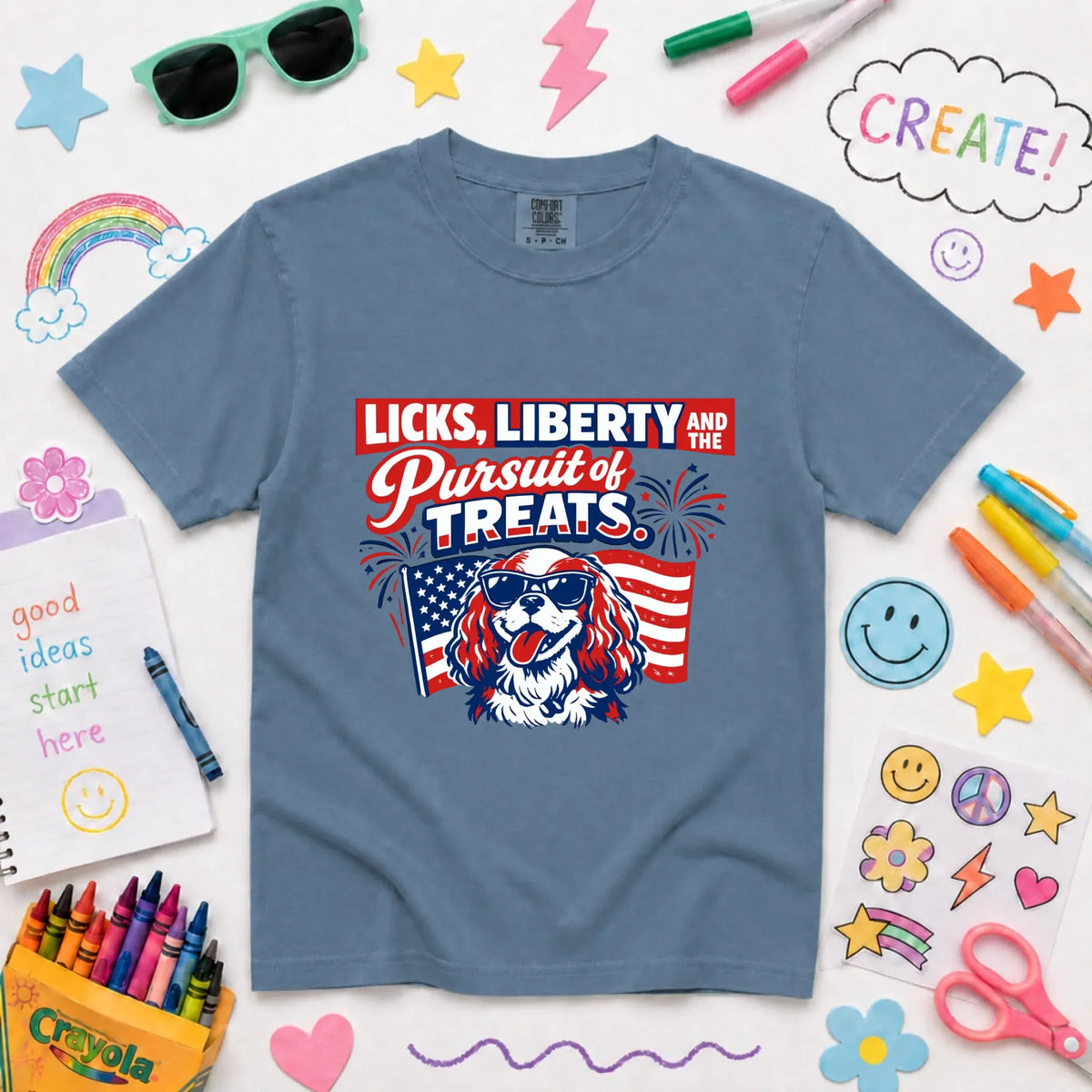 Cavalier YOUTH USA Licks and Liberty Unisex TShirt NEW Youth Midweight Tee Blue Jean