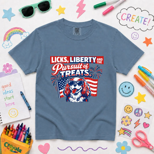 Cavalier YOUTH USA Licks and Liberty Unisex TShirt NEW Youth Midweight Tee Blue Jean