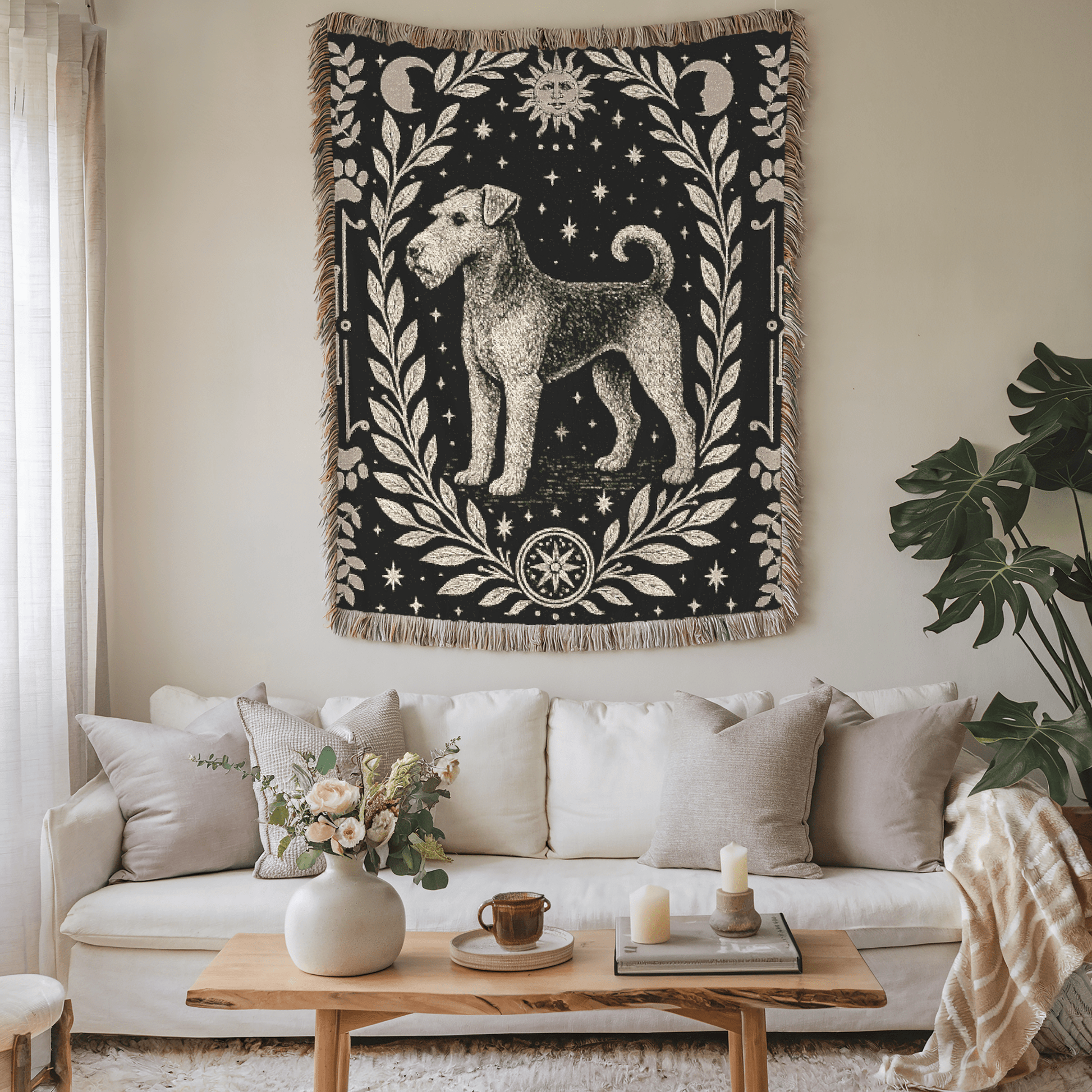 Printify Home Decor Celestial Woven Blanket, Airedale Boho Tapestry, Forest Core, Witchy Decorations, Home Throw, Dog Mom Housewarming Gift, Mystical New Home