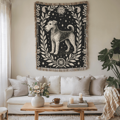 Printify Home Decor Celestial Woven Blanket, Airedale Boho Tapestry, Forest Core, Witchy Decorations, Home Throw, Dog Mom Housewarming Gift, Mystical New Home