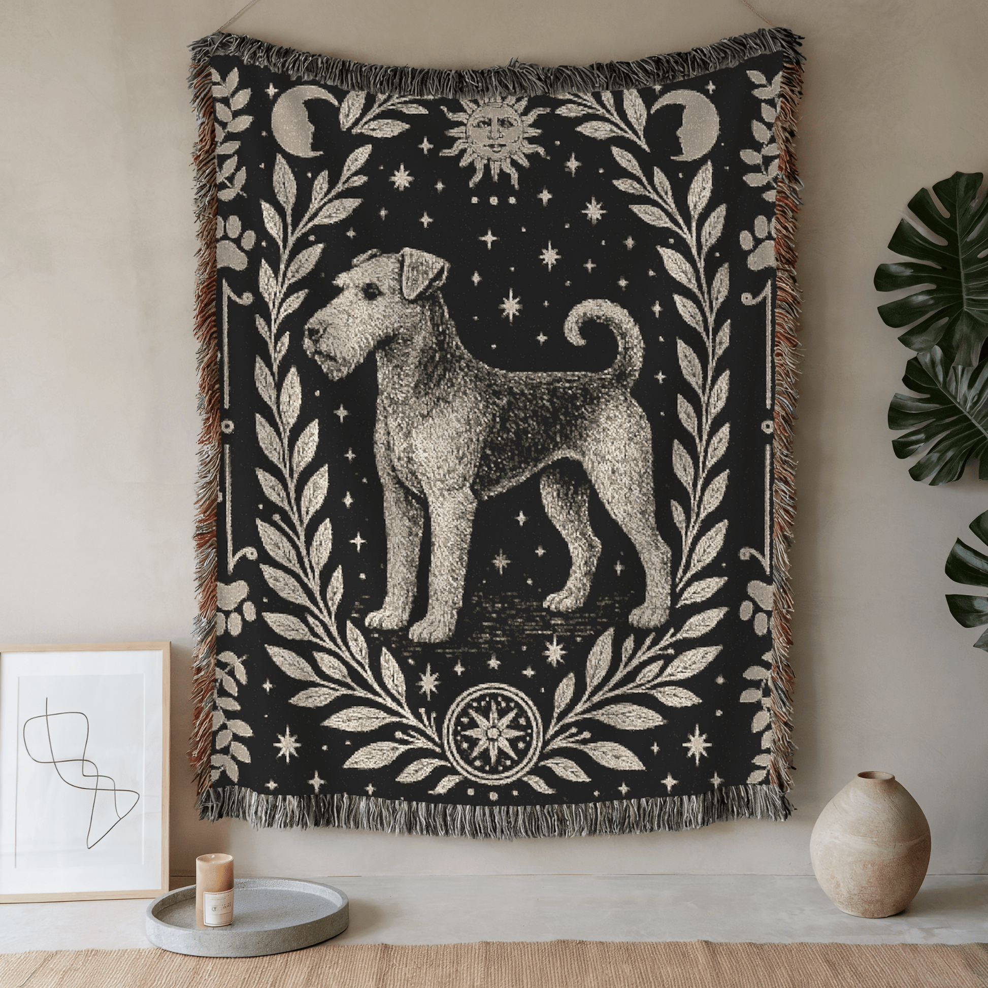 Printify Home Decor Celestial Woven Blanket, Airedale Boho Tapestry, Forest Core, Witchy Decorations, Home Throw, Dog Mom Housewarming Gift, Mystical New Home