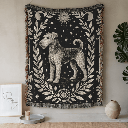 Printify Home Decor Celestial Woven Blanket, Airedale Boho Tapestry, Forest Core, Witchy Decorations, Home Throw, Dog Mom Housewarming Gift, Mystical New Home