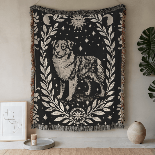 Printify Home Decor Celestial Woven Blanket, Australian Shepherd Boho Tapestry, Forest Core, Witchy Decorations, Home Throw