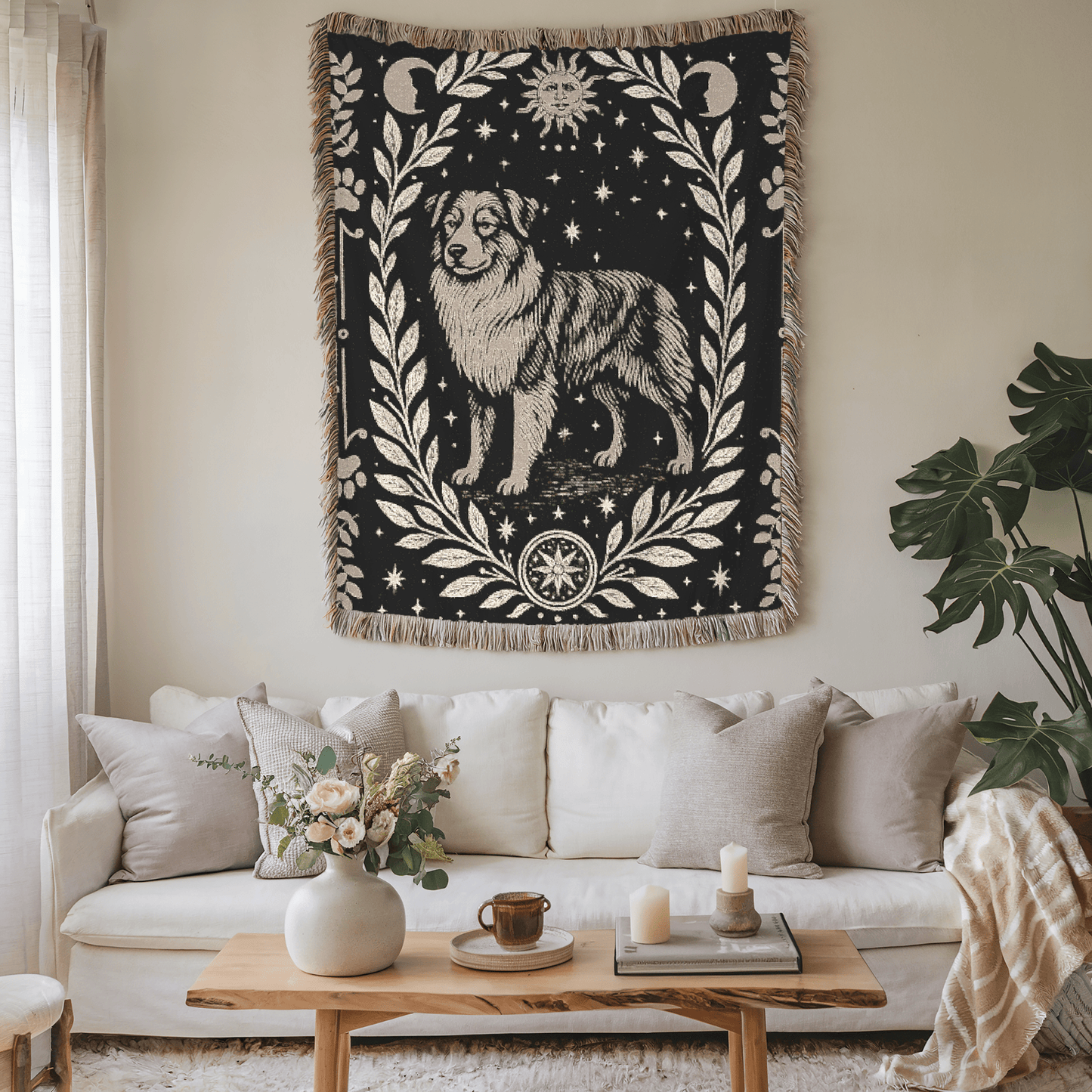 Printify Home Decor Celestial Woven Blanket, Australian Shepherd Boho Tapestry, Forest Core, Witchy Decorations, Home Throw