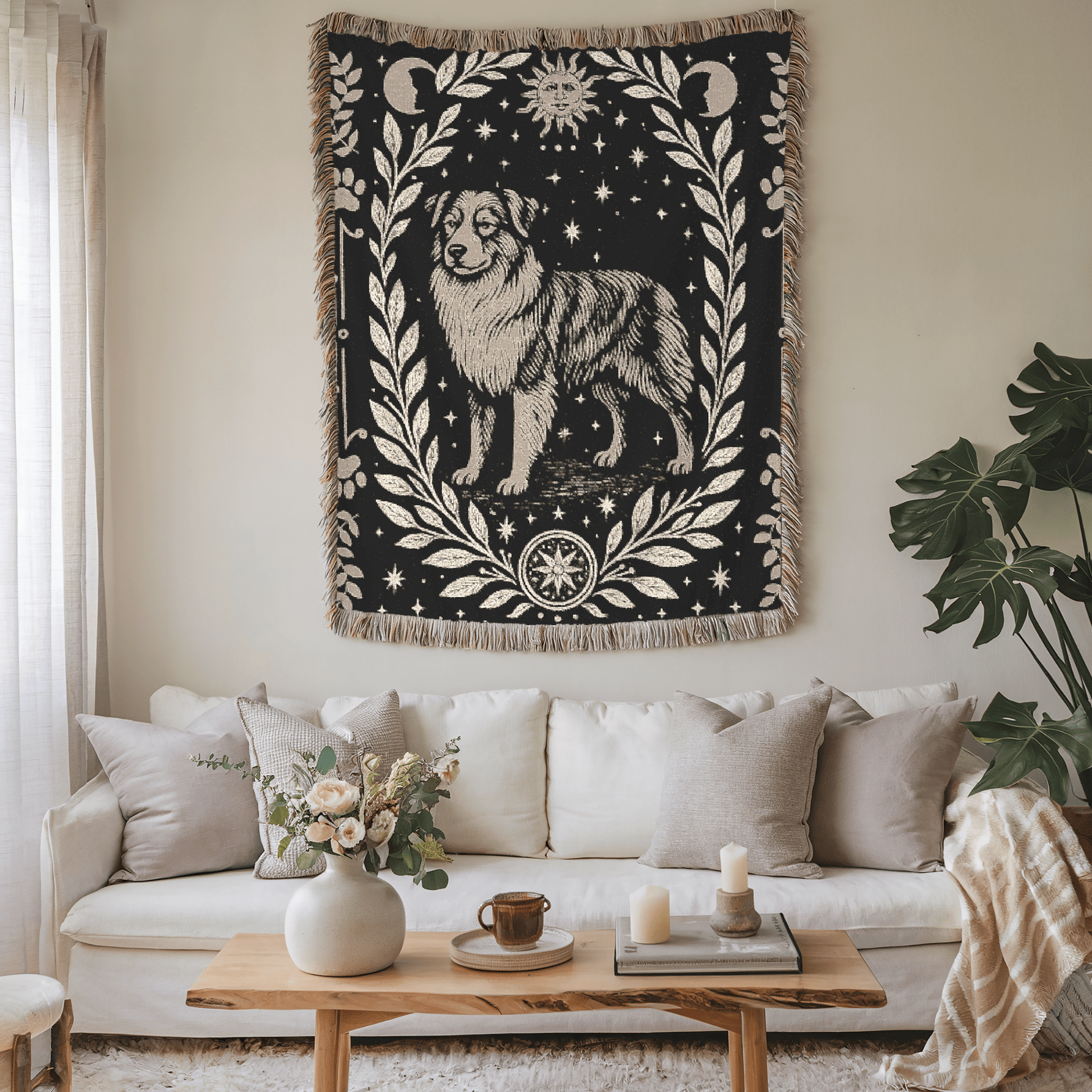 Printify Home Decor Celestial Woven Blanket, Australian Shepherd Boho Tapestry, Forest Core, Witchy Decorations, Home Throw