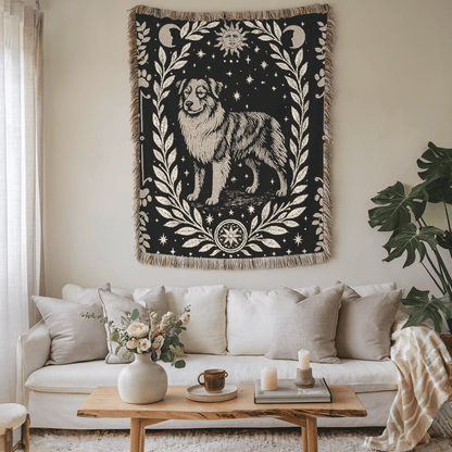 Printify Home Decor Celestial Woven Blanket, Australian Shepherd Boho Tapestry, Forest Core, Witchy Decorations, Home Throw