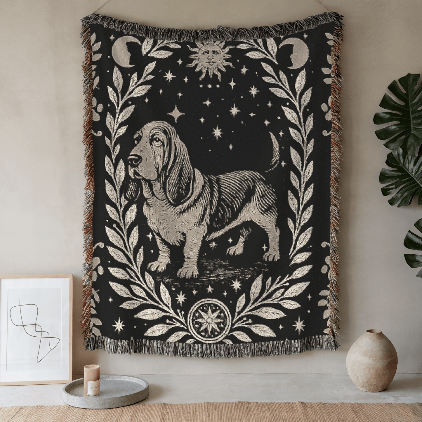 Printify Blanket 52'' × 37'' Celestial Woven Blanket, Basset Hound Boho Tapestry, Forest Core, Witchy