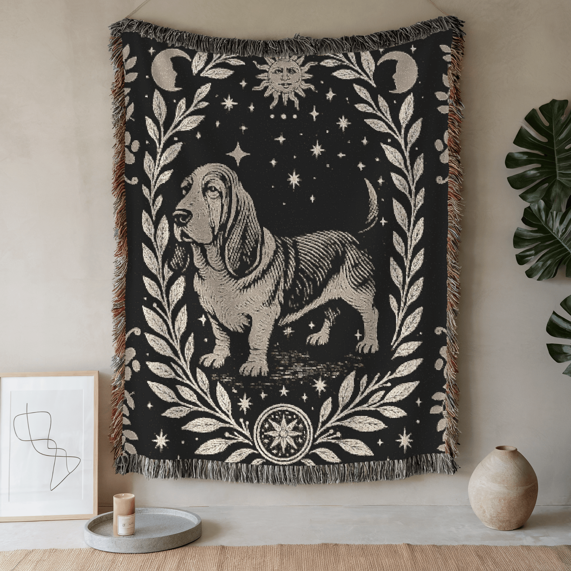 Printify Blanket 52'' × 37'' Celestial Woven Blanket, Basset Hound Boho Tapestry, Forest Core, Witchy
