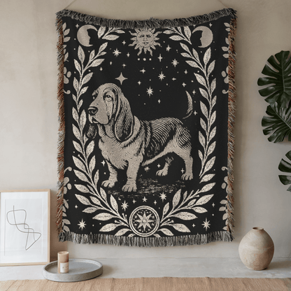 Printify Blanket 52'' × 37'' Celestial Woven Blanket, Basset Hound Boho Tapestry, Forest Core, Witchy