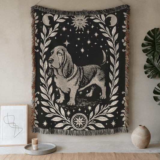 Printify Blanket 52'' × 37'' Celestial Woven Blanket, Basset Hound Boho Tapestry, Forest Core, Witchy