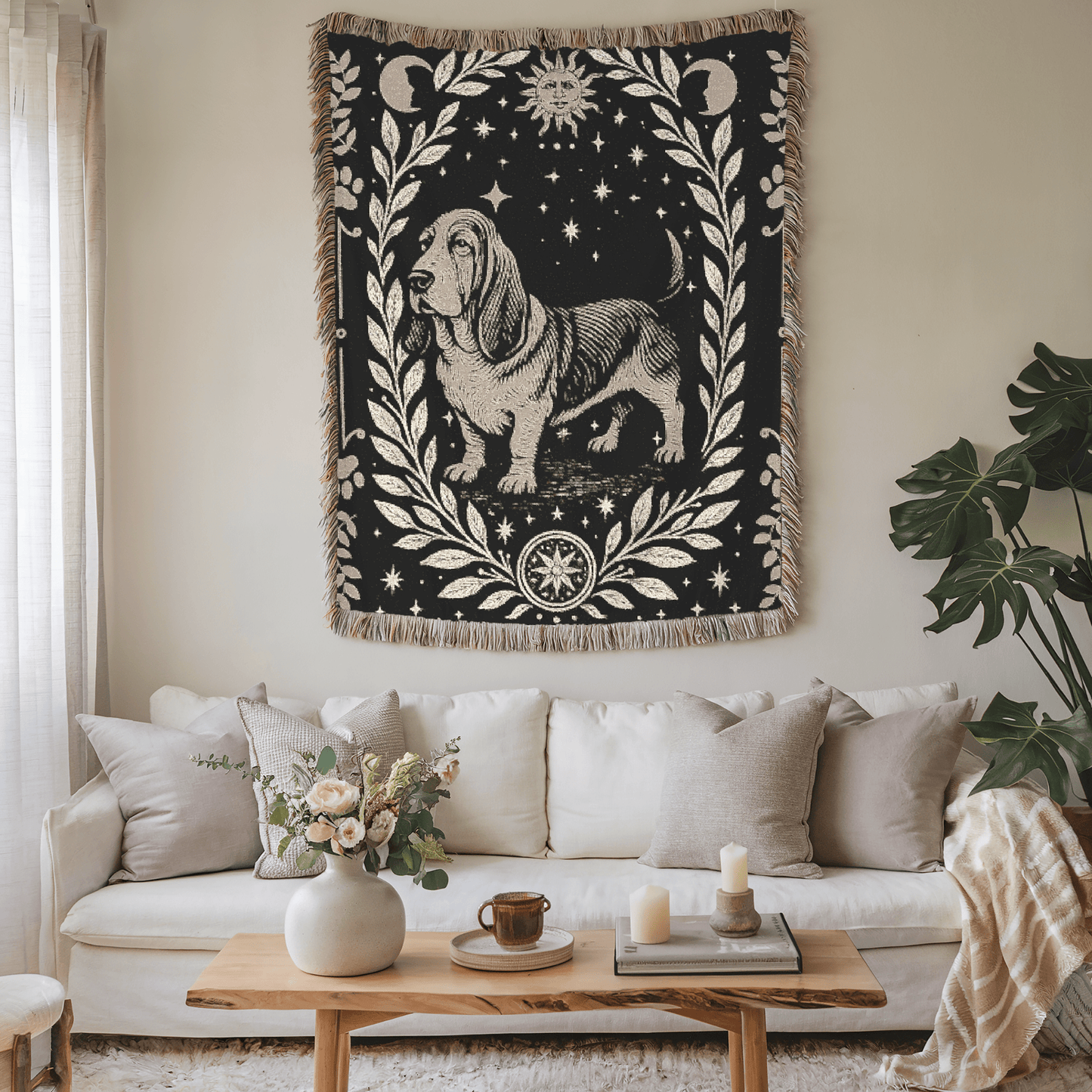 Printify Blanket Celestial Woven Blanket, Basset Hound Boho Tapestry, Forest Core, Witchy