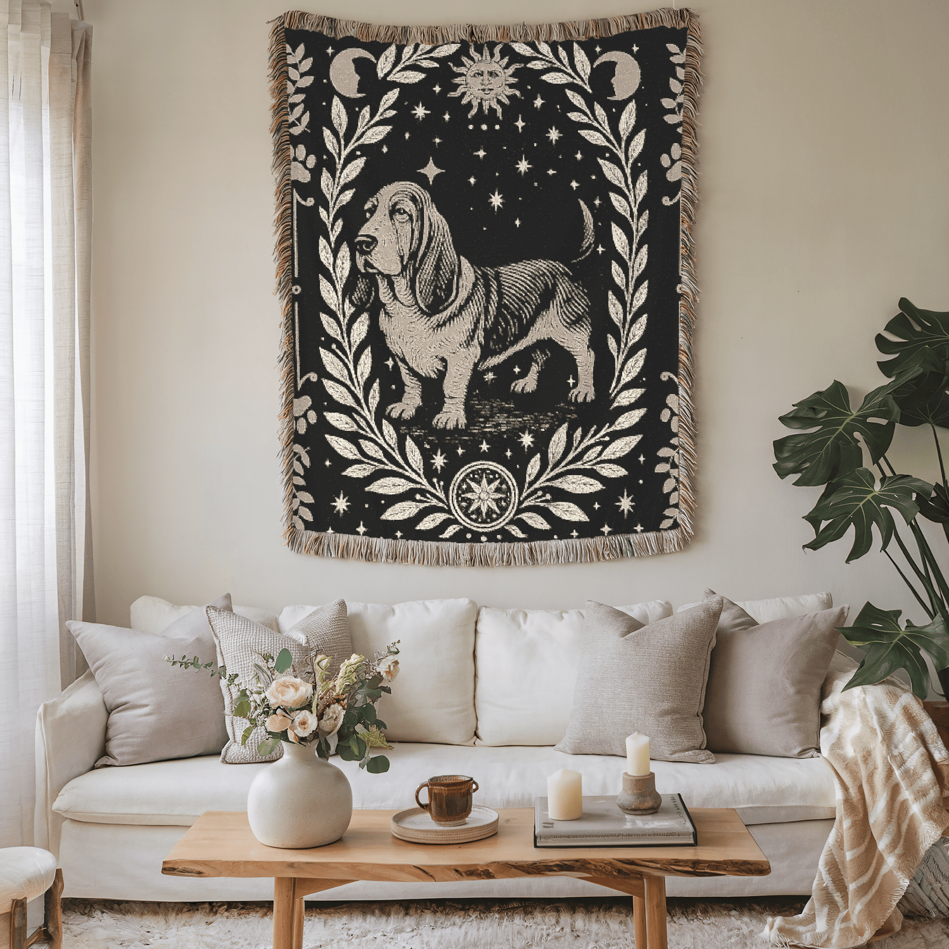 Printify Blanket Celestial Woven Blanket, Basset Hound Boho Tapestry, Forest Core, Witchy