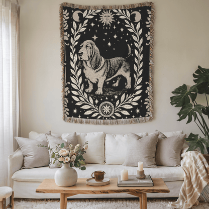 Printify Blanket Celestial Woven Blanket, Basset Hound Boho Tapestry, Forest Core, Witchy