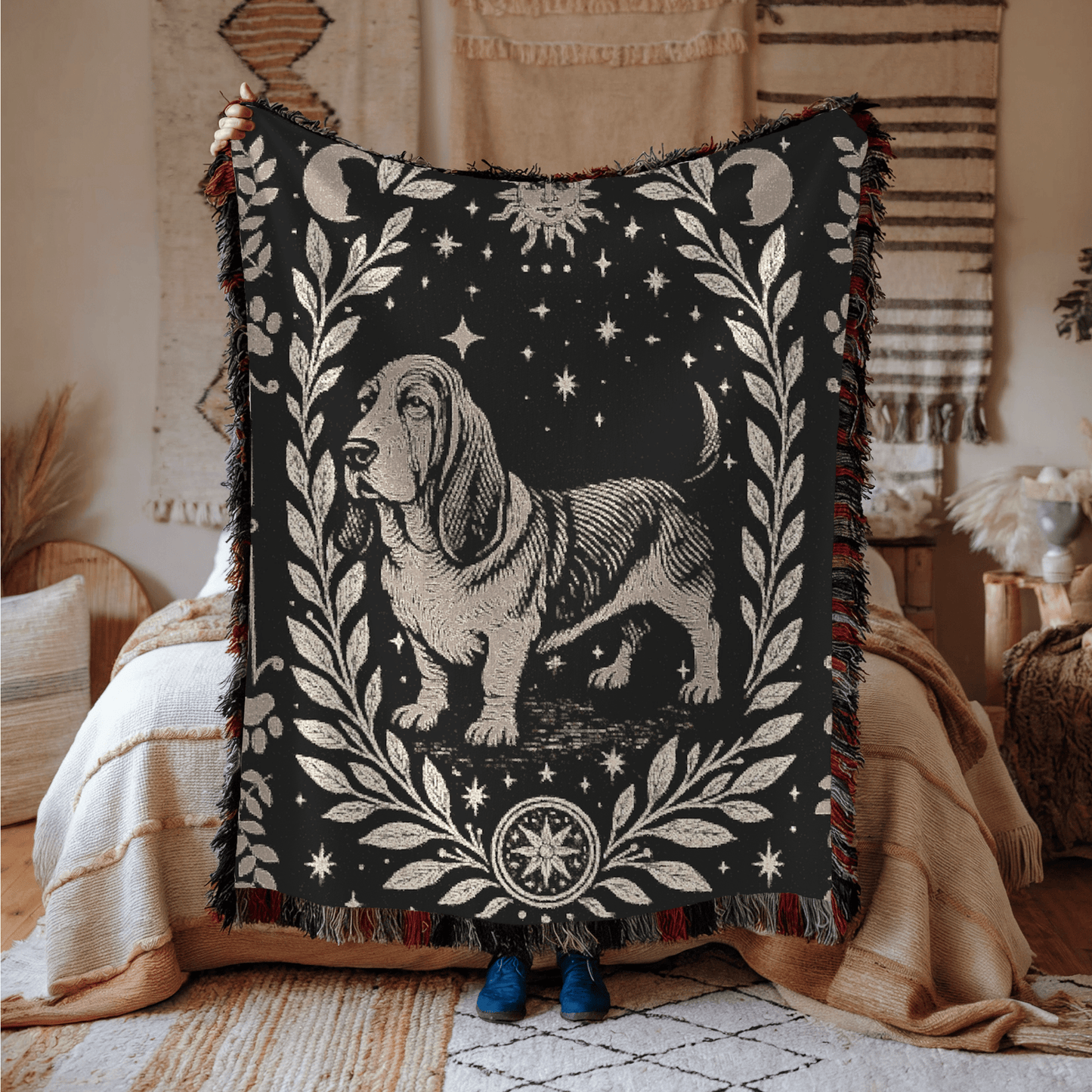 Printify Blanket Celestial Woven Blanket, Basset Hound Boho Tapestry, Forest Core, Witchy