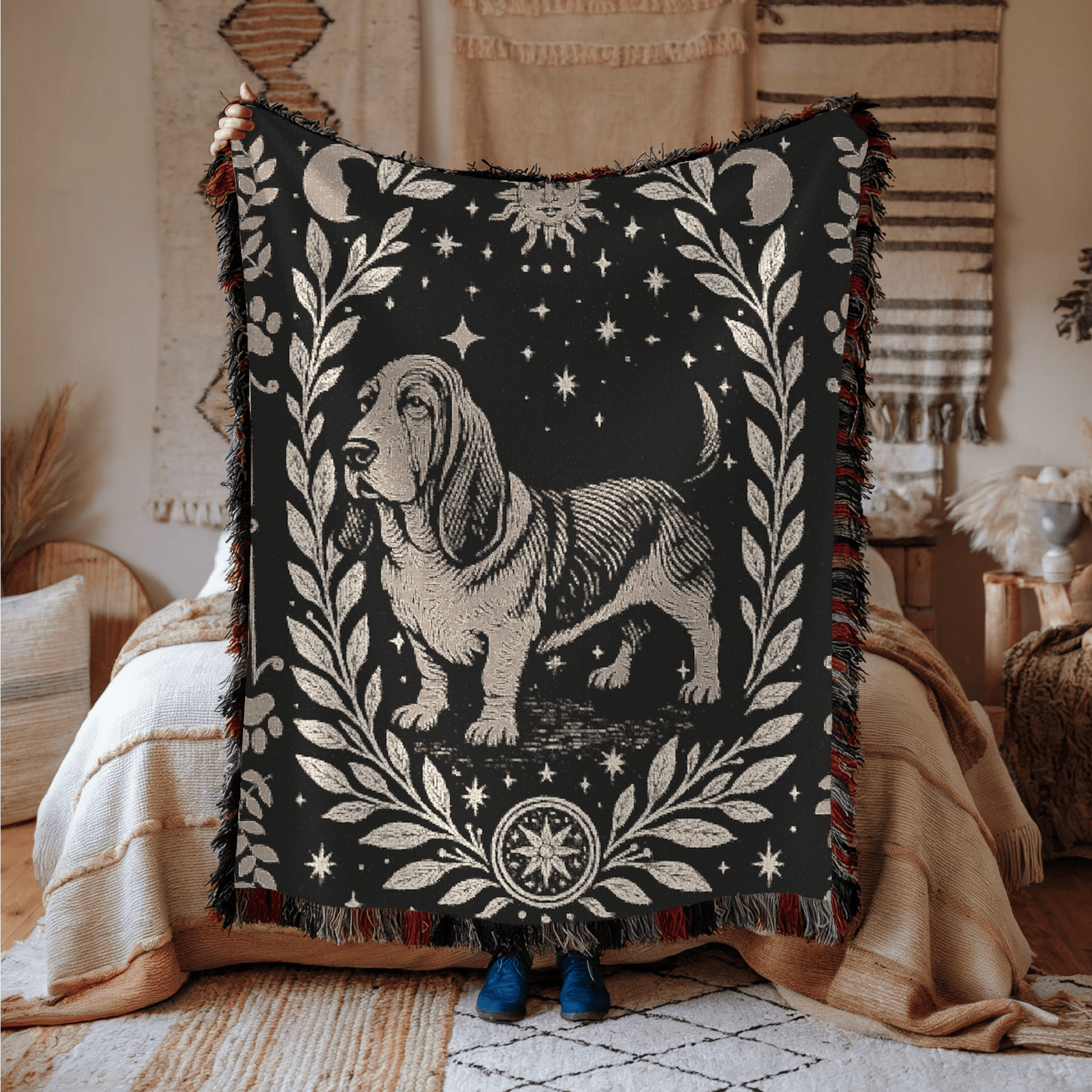 Printify Blanket Celestial Woven Blanket, Basset Hound Boho Tapestry, Forest Core, Witchy