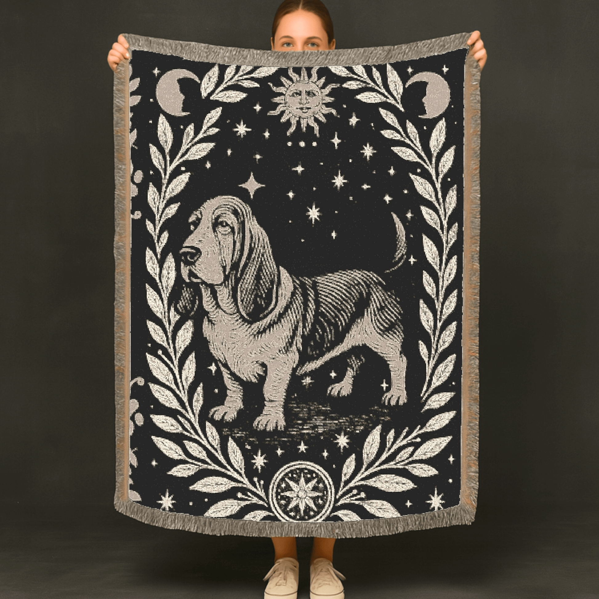 Printify Blanket Celestial Woven Blanket, Basset Hound Boho Tapestry, Forest Core, Witchy