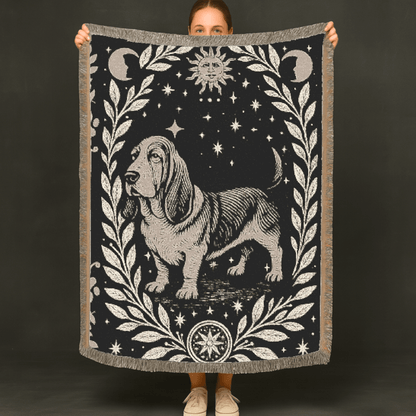 Printify Blanket Celestial Woven Blanket, Basset Hound Boho Tapestry, Forest Core, Witchy